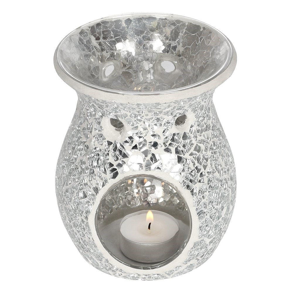 Large Crackle Glass Tealight Wax Melter - Silver