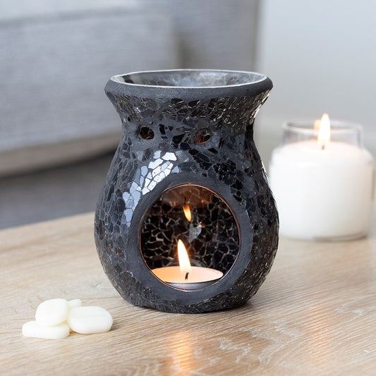 Small Crackle Glass Tealight Wax Melter - Black