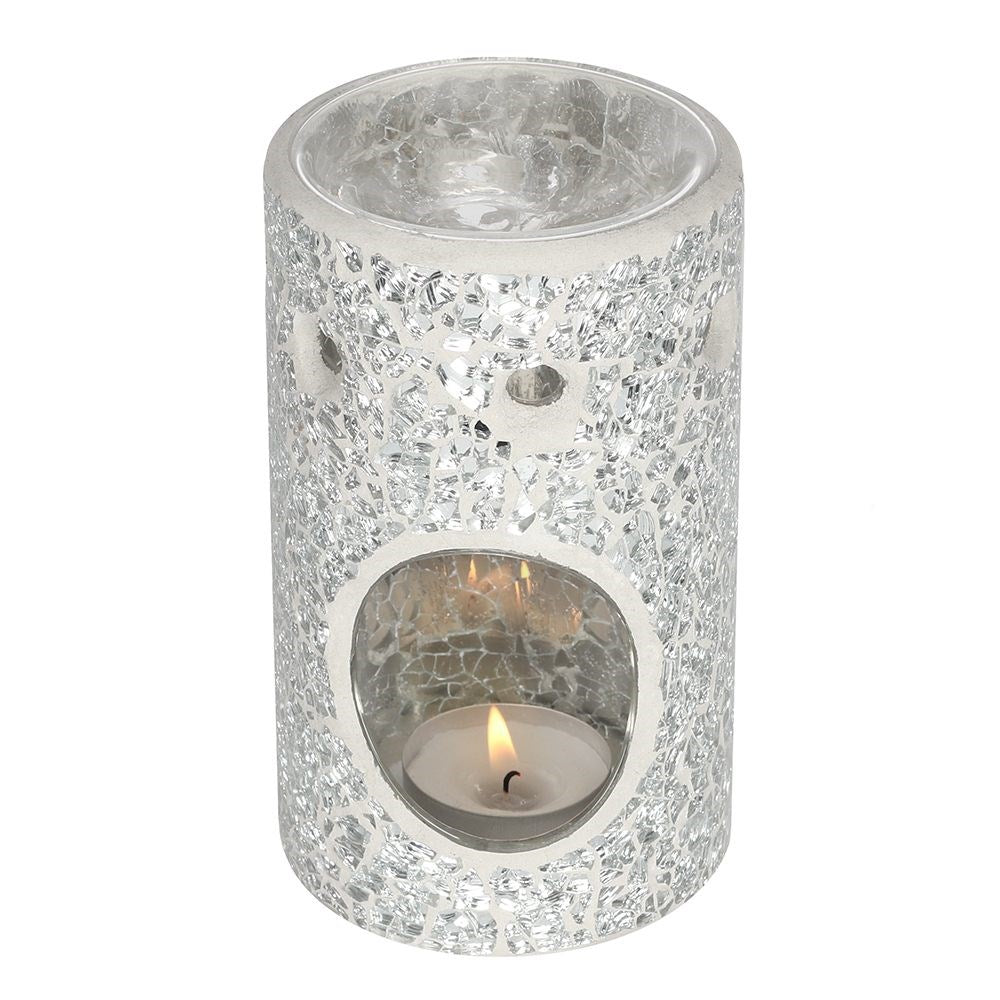 Pillar Crackle Glass Tealight Wax Melter - Silver