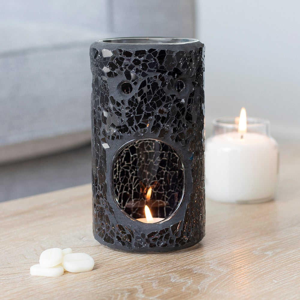 Pillar Crackle Glass Tealight Wax Melter - Black