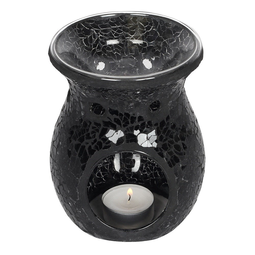 Large Crackle Glass Tealight Wax Melter - Black