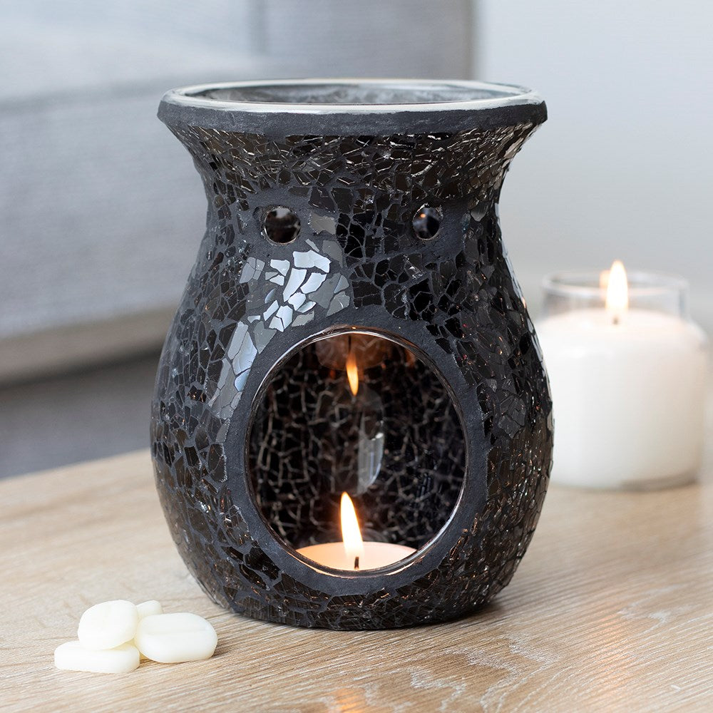 Large Crackle Glass Tealight Wax Melter - Black